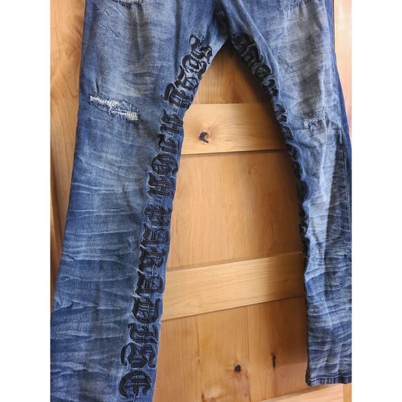 R3bel Jeans Sz 36 Embroidered Inseam 35 Dark Wash Faded Distressed Spellout - Picture 3 of 5
